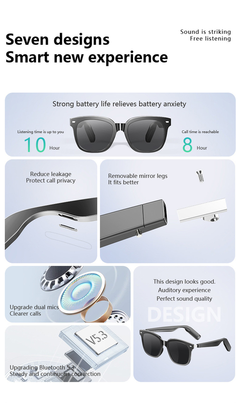 8 uur muziektijd Ultralight BT 5.3 Bluetooth Smart Glasses Met Call 110mAh*2 Capaciteit