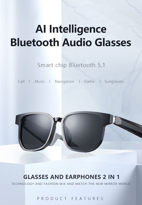 Zwarte Bluetooth zonnebrillen met Bluetooth 5.1 versie 90mAh 4-6 uur muziektyd